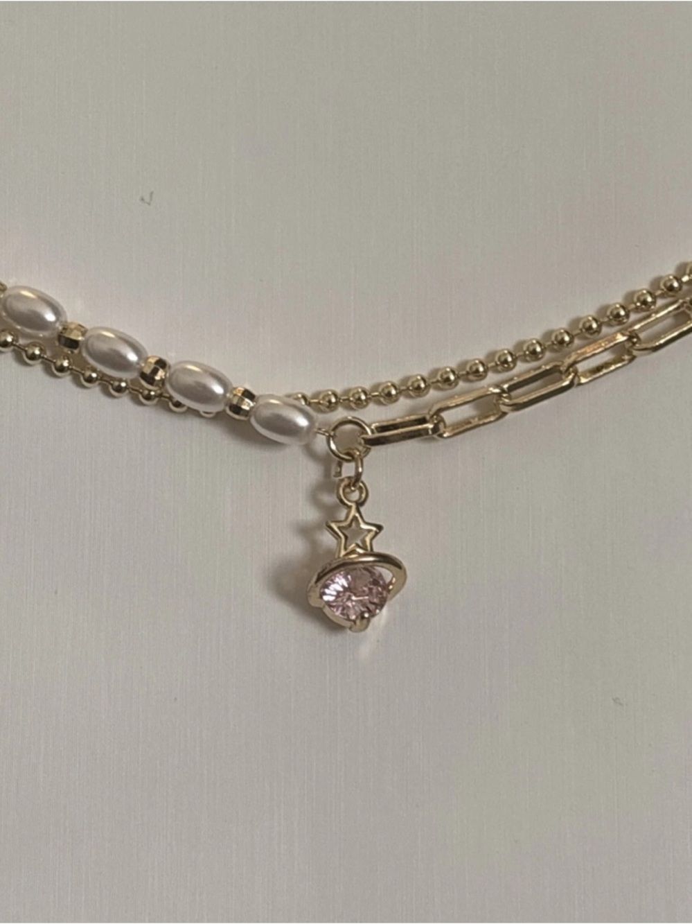 Gold Plated Layered Bracelet Faux Pearl Chain Pink CZ Celestial Charm Adjustable - Picture 4 of 11